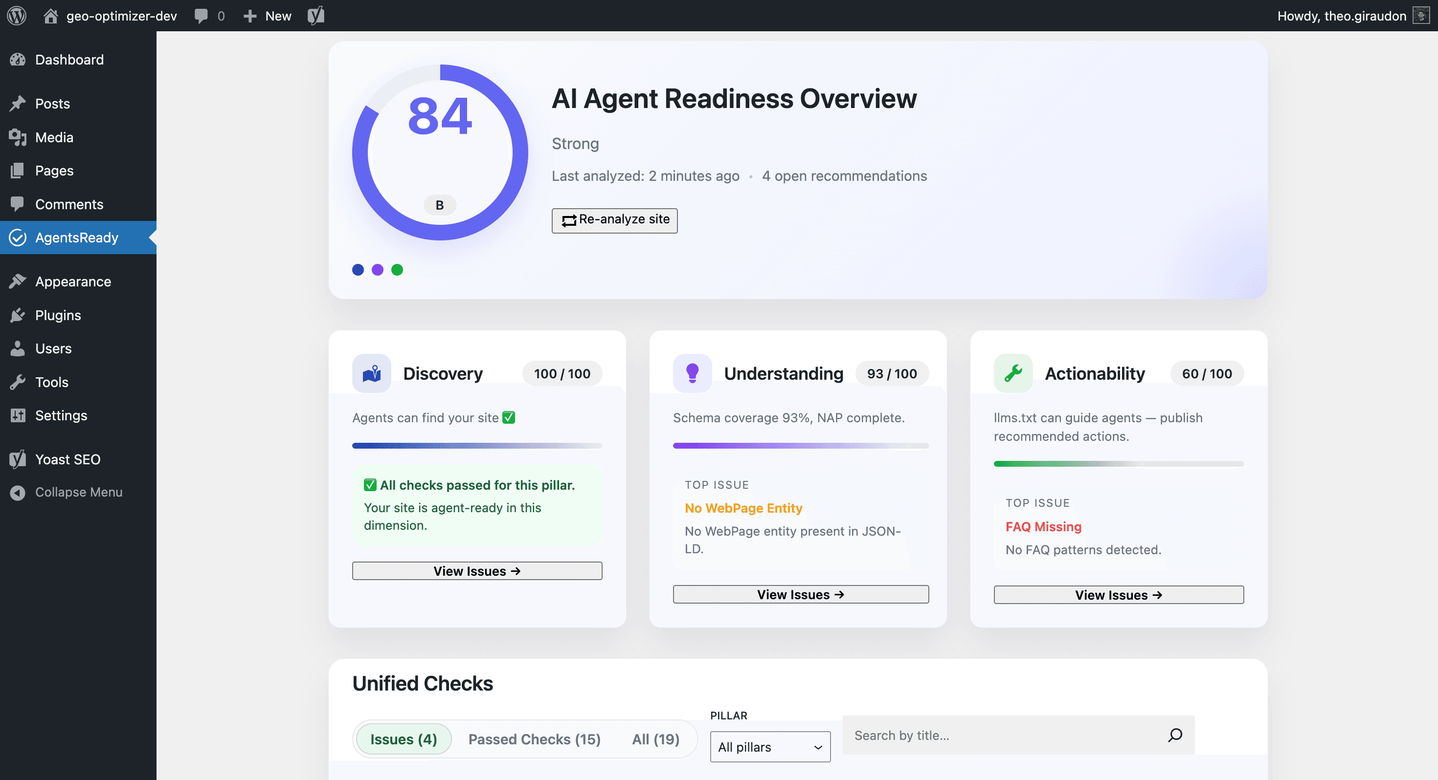 AgentsReady dashboard with AI Agent Readiness Score